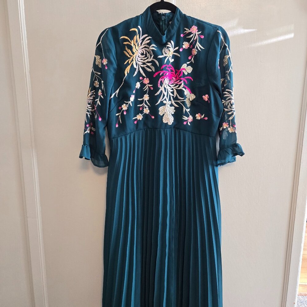 ASOS | High Neck Midi Dress | Dark Blue-Green with Bright Floral Embroidery | 8